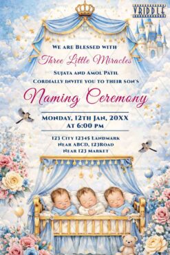 Dreamy Triplets Naming Ceremony Invitation with Crown Canopy, Cloud Castle & Floral Baby Cradle Theme