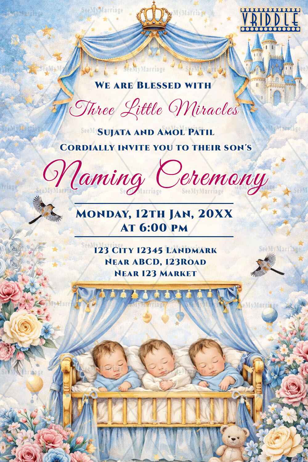 Dreamy Triplets Naming Ceremony Invitation with Crown Canopy, Cloud Castle & Floral Baby Cradle Theme