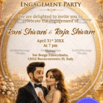 Engagement Invitation with Diamond Ring Frame, Couple Illustration, Floral Embellishments & Lantern Glow
