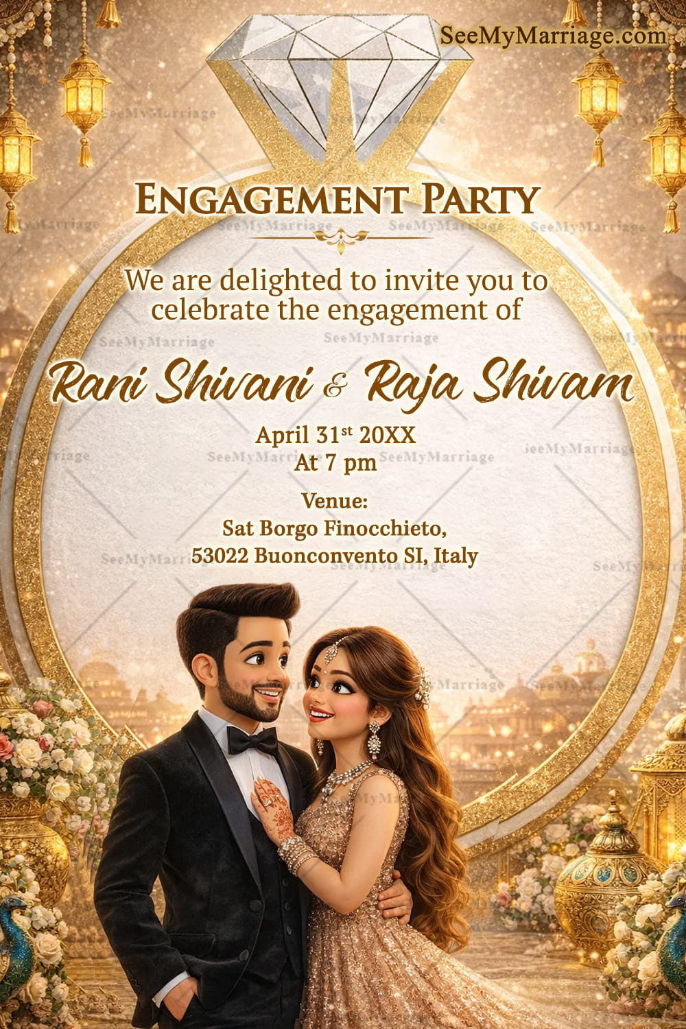 Engagement Invitation with Diamond Ring Frame, Couple Illustration, Floral Embellishments & Lantern Glow