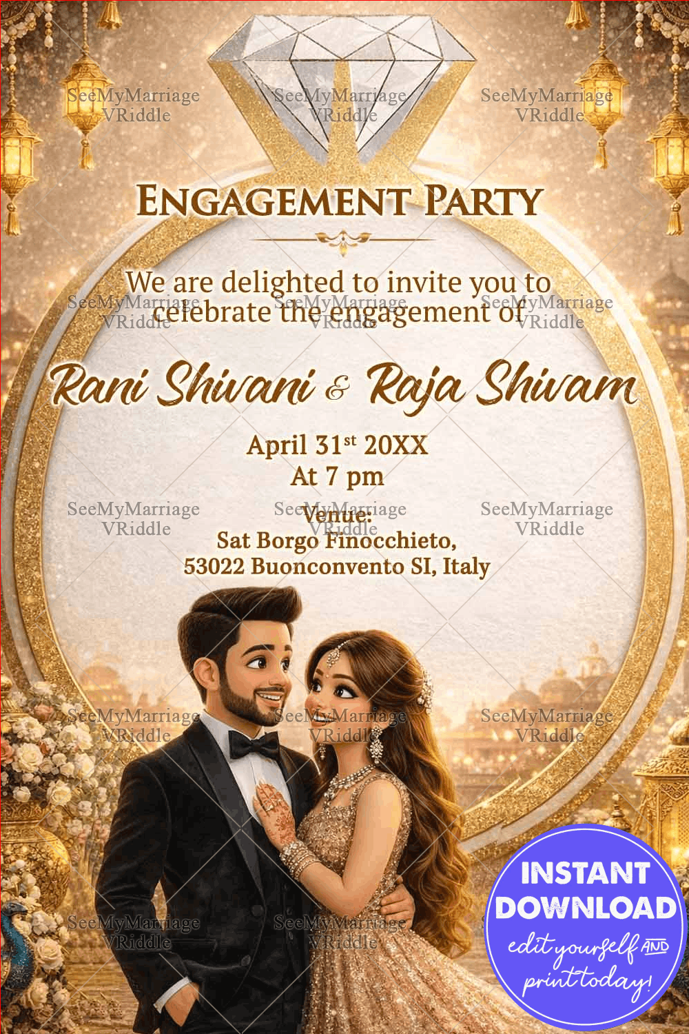 Engagement Invitation with Diamond Ring Frame, Couple Illustration, Floral Embellishments & Lantern Glow