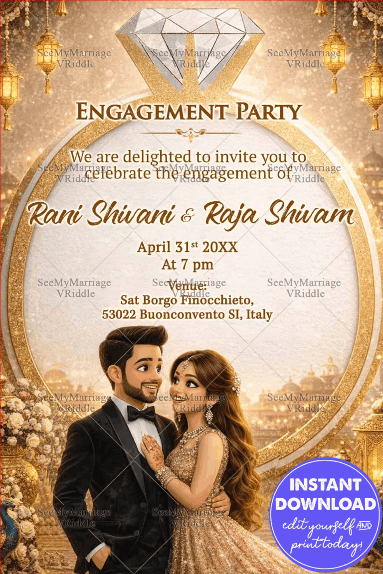 Engagement Invitation with Diamond Ring Frame, Couple Illustration, Floral Embellishments & Lantern Glow