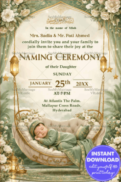 Floral Arch Islamic Naming Ceremony Invitation with, Hanging Lanterns & Baby Cradle in Soft Cream & Golden Design