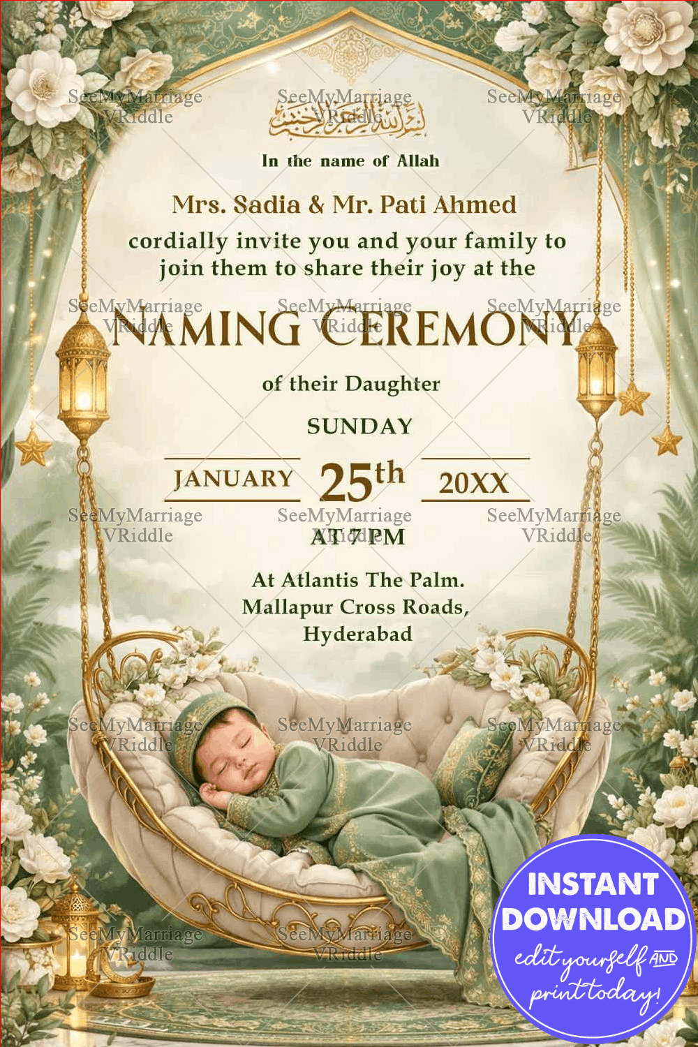 Floral Arch Islamic Naming Ceremony Invitation with, Hanging Lanterns & Baby Cradle in Soft Cream & Golden Design