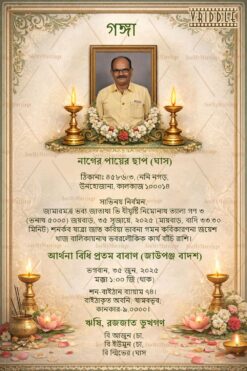 Floral Frame Traditional Bengali Memorial Invitation with Portrait add photo Frame & Sacred Diyas