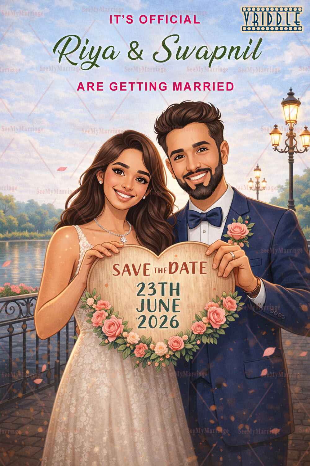 Floral Heart Frame Save the Date Invitation with Couple Portrait & Evening Lakeside View