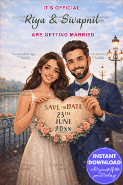 Floral Heart Frame Save the Date Invitation with Couple Portrait & Evening Lakeside View