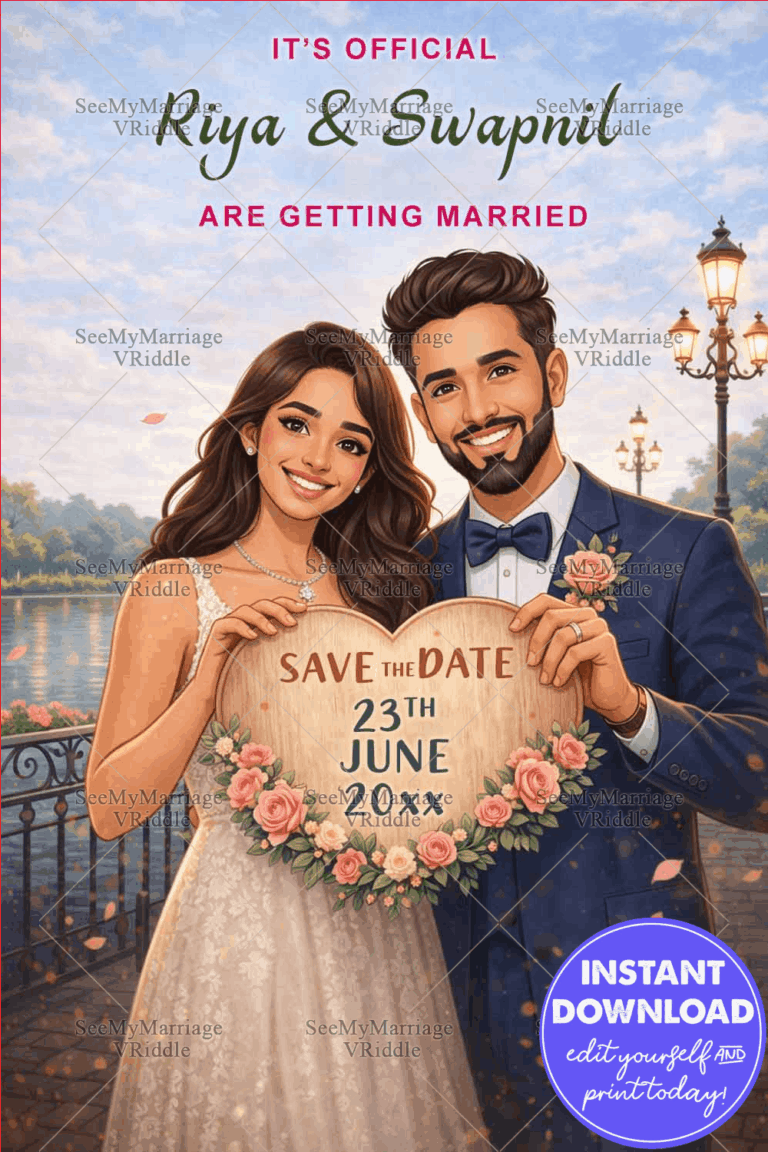 Floral Heart Frame Save the Date Invitation with Couple Portrait & Evening Lakeside View