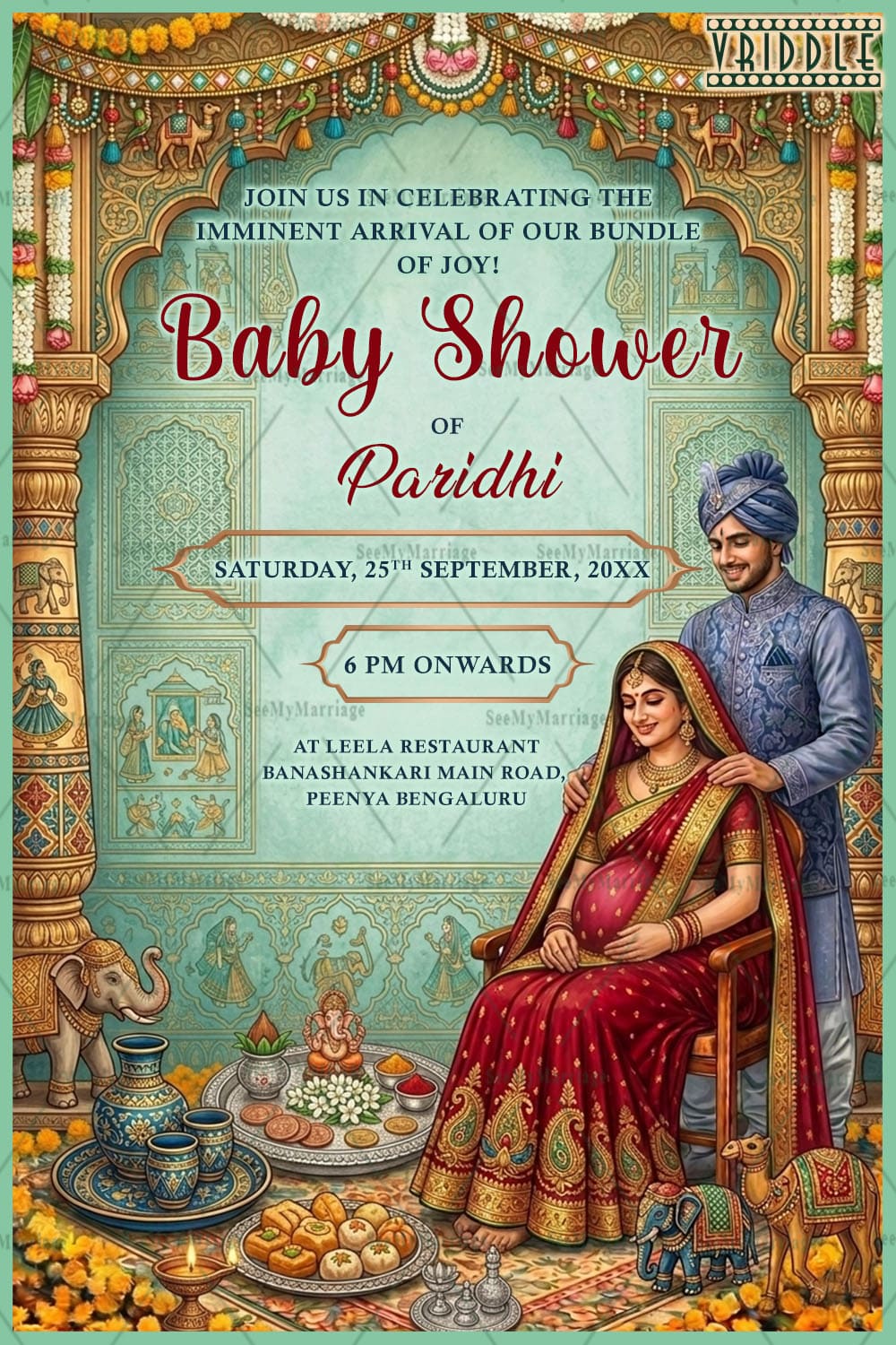 Folk Motifs Rajasthani Baby Shower Invitation with Heritage Arch & Traditional Couple Illustration in Pastel Palace Theme