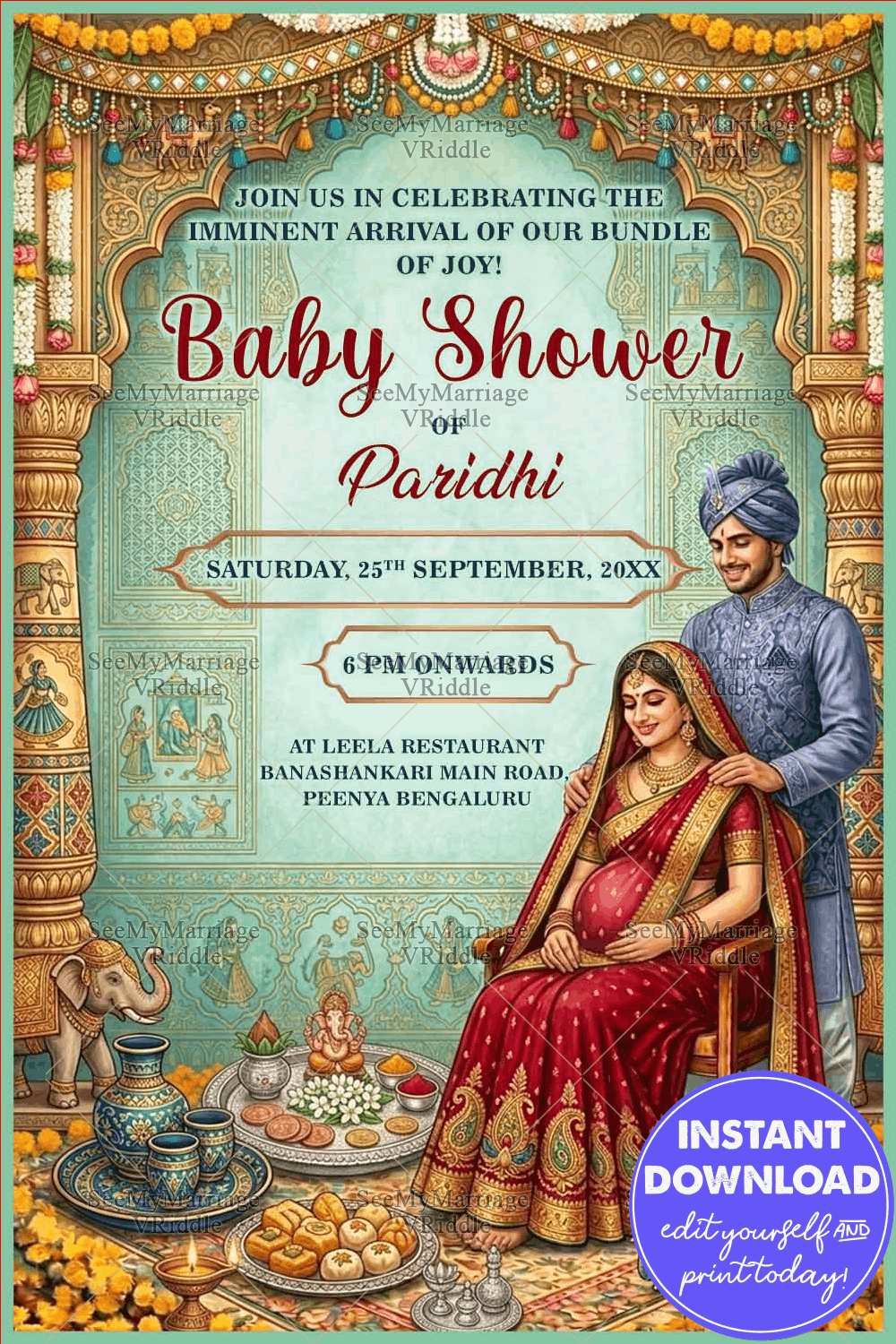 Folk Motifs Rajasthani Baby Shower Invitation with Heritage Arch & Traditional Couple Illustration in Pastel Palace Theme