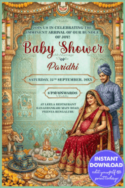 Folk Motifs Rajasthani Baby Shower Invitation with Heritage Arch & Traditional Couple Illustration in Pastel Palace Theme