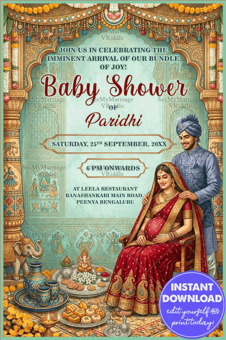 Folk Motifs Rajasthani Baby Shower Invitation with Heritage Arch & Traditional Couple Illustration in Pastel Palace Theme