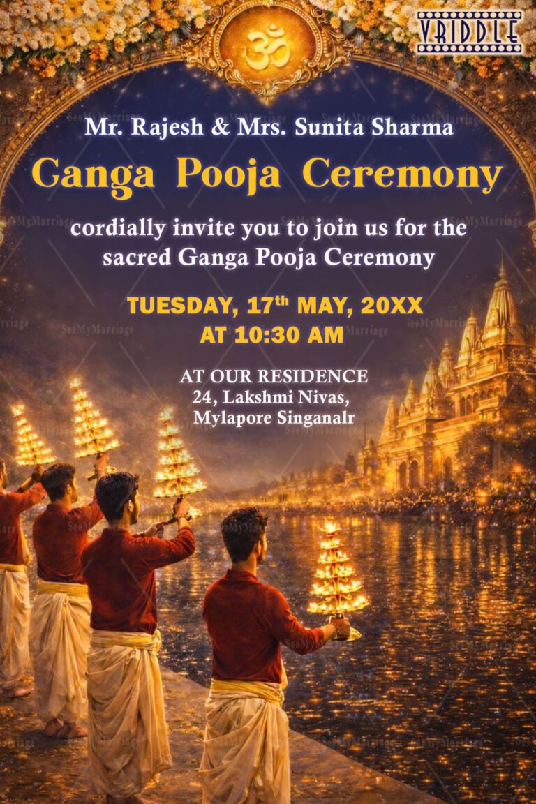 Ganga Pooja Invitation with Golden Temple Glow, Sacred River Diyas, Floral Design & Nighttime
