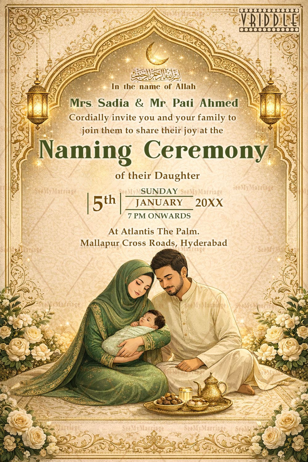 Golden Arch Islamic Naming Ceremony Invitation with, Crescent Blessings & Traditional Family Illustration