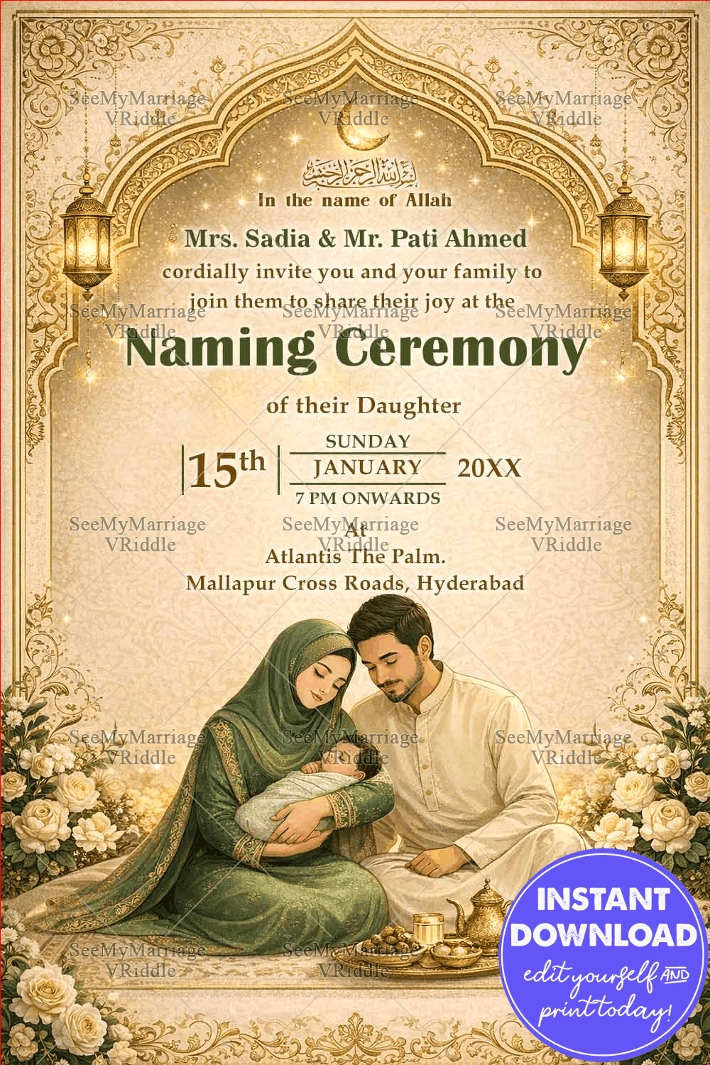 Golden Arch Islamic Naming Ceremony Invitation with, Crescent Blessings & Traditional Family Illustration