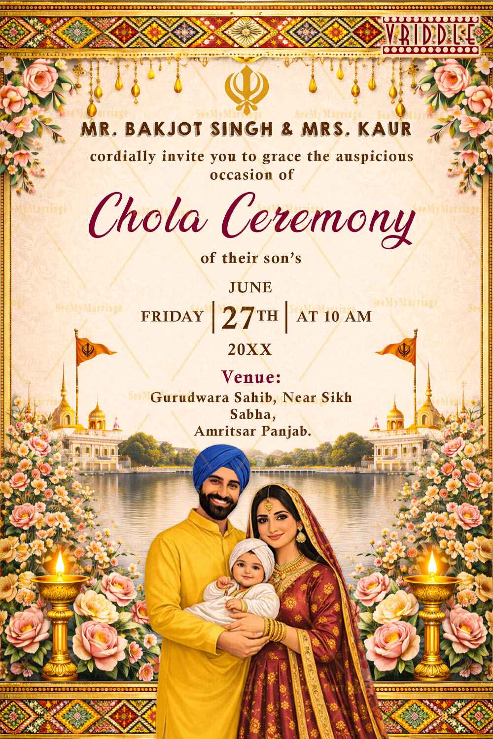 Golden Borders Sikh Chola Ceremony Invitation with Gurudwara & River View, Floral Design & Family Portrait