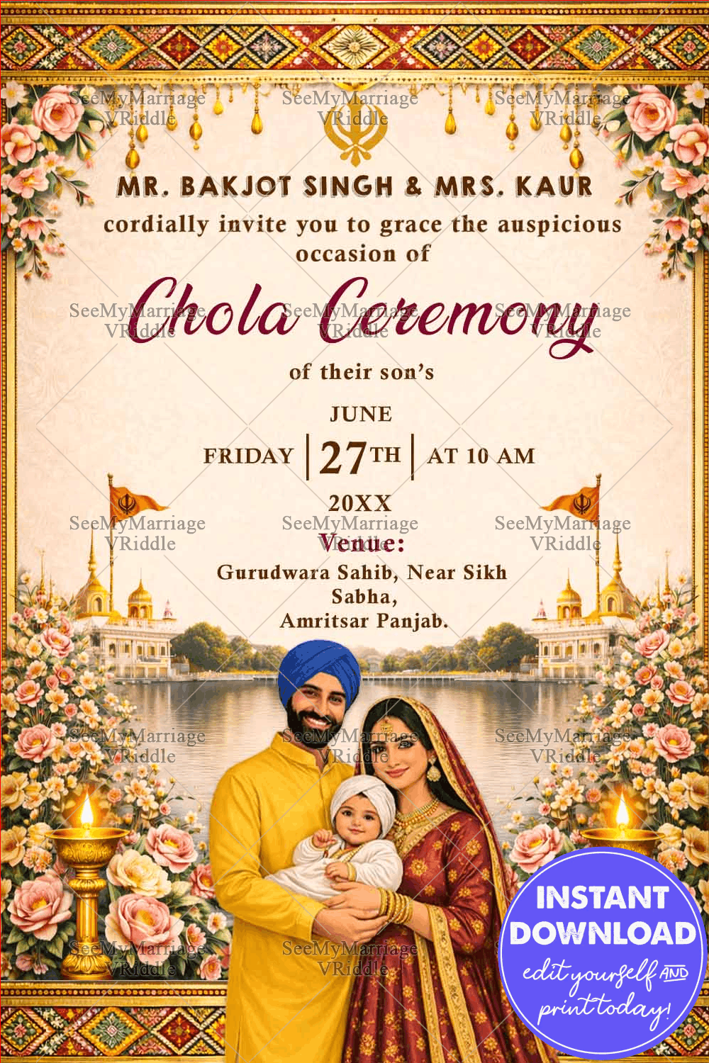 Golden Borders Sikh Chola Ceremony Invitation with Gurudwara & River View, Floral Design & Family Portrait