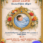 Golden Floral Frame Tamil Naming Ceremony Card with add Photo Baby Portrait & Sacred Bells