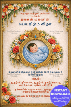 Golden Floral Frame Tamil Naming Ceremony Card with add Photo Baby Portrait & Sacred Bells