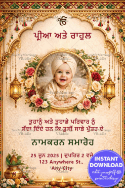 Golden Temple Punjabi Naamkaran Invitation Card with Floral, Add Photo Frame, Arch with Ornate Gold Frame