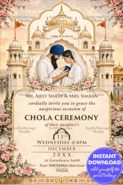 Gurudwara Backdrop Sikh Chola Ceremony Invitation with Floral Frames & add photo Portrait