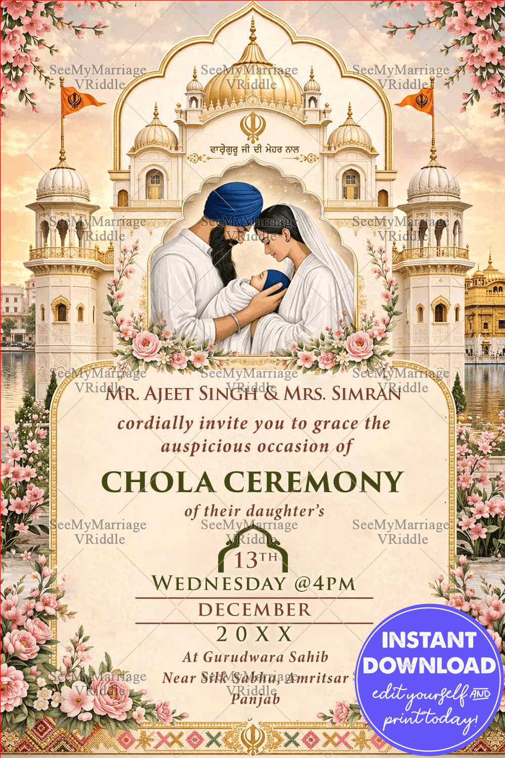 Gurudwara Backdrop Sikh Chola Ceremony Invitation with Floral Frames & add photo Portrait