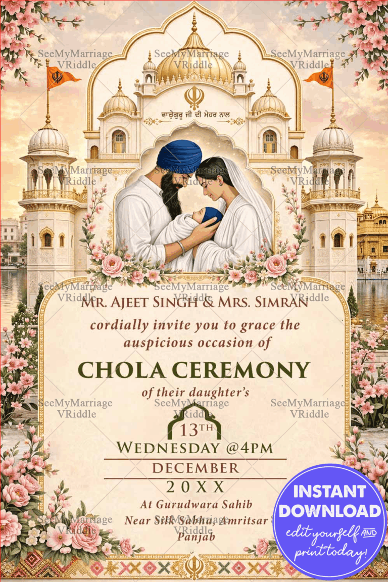 Gurudwara Backdrop Sikh Chola Ceremony Invitation with Floral Frames & add photo Portrait