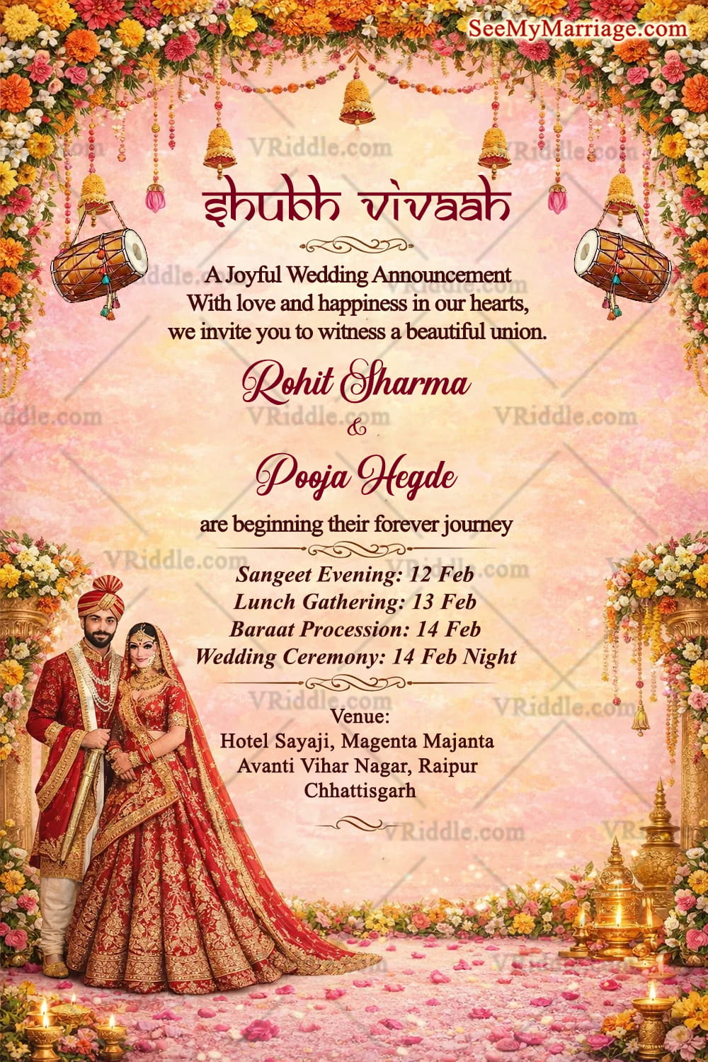 Haryanvi Wedding Invitation Card with Floral Mandap Border, Hanging Temple Bells, Punjabi Dhol Motifs and Royal Bridal Couple Illustration
