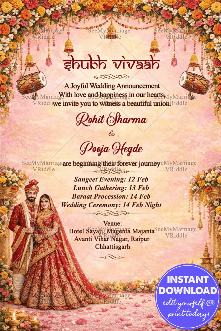 Haryanvi Wedding Invitation Card with Floral Mandap Border, Hanging Temple Bells, Punjabi Dhol Motifs and Royal Bridal Couple Illustration