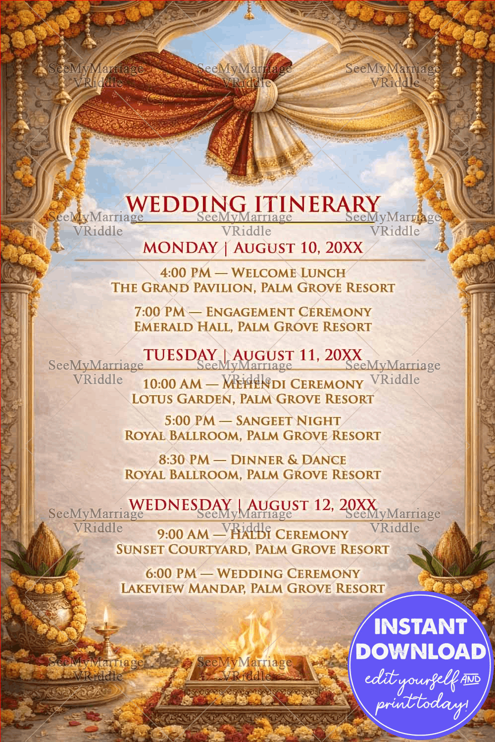 Indian Wedding Itinerary Card with Ornate Mandap Arch, Marigold Toran Drapes, Kalash Decor and Sacred Havan Kund Ceremony Theme