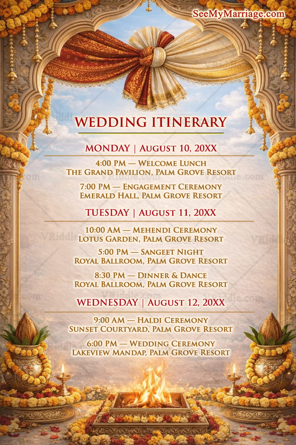 Indian Wedding Itinerary Card with Ornate Mandap Arch, Marigold Toran Drapes, Kalash Decor and Sacred Havan Kund Ceremony Theme