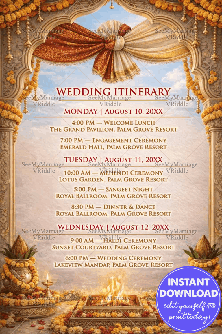 Indian Wedding Itinerary Card with Ornate Mandap Arch, Marigold Toran Drapes, Kalash Decor and Sacred Havan Kund Ceremony Theme