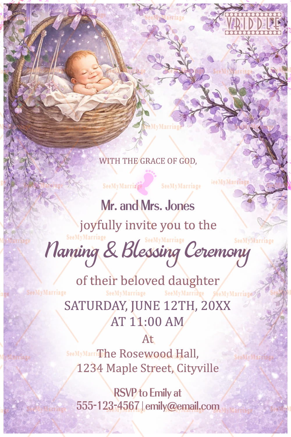 Lavender Christian Baby Naming & Blessing Ceremony Pastel Glow Invitation Card with Sleeping Baby Basket, Blossom Branches