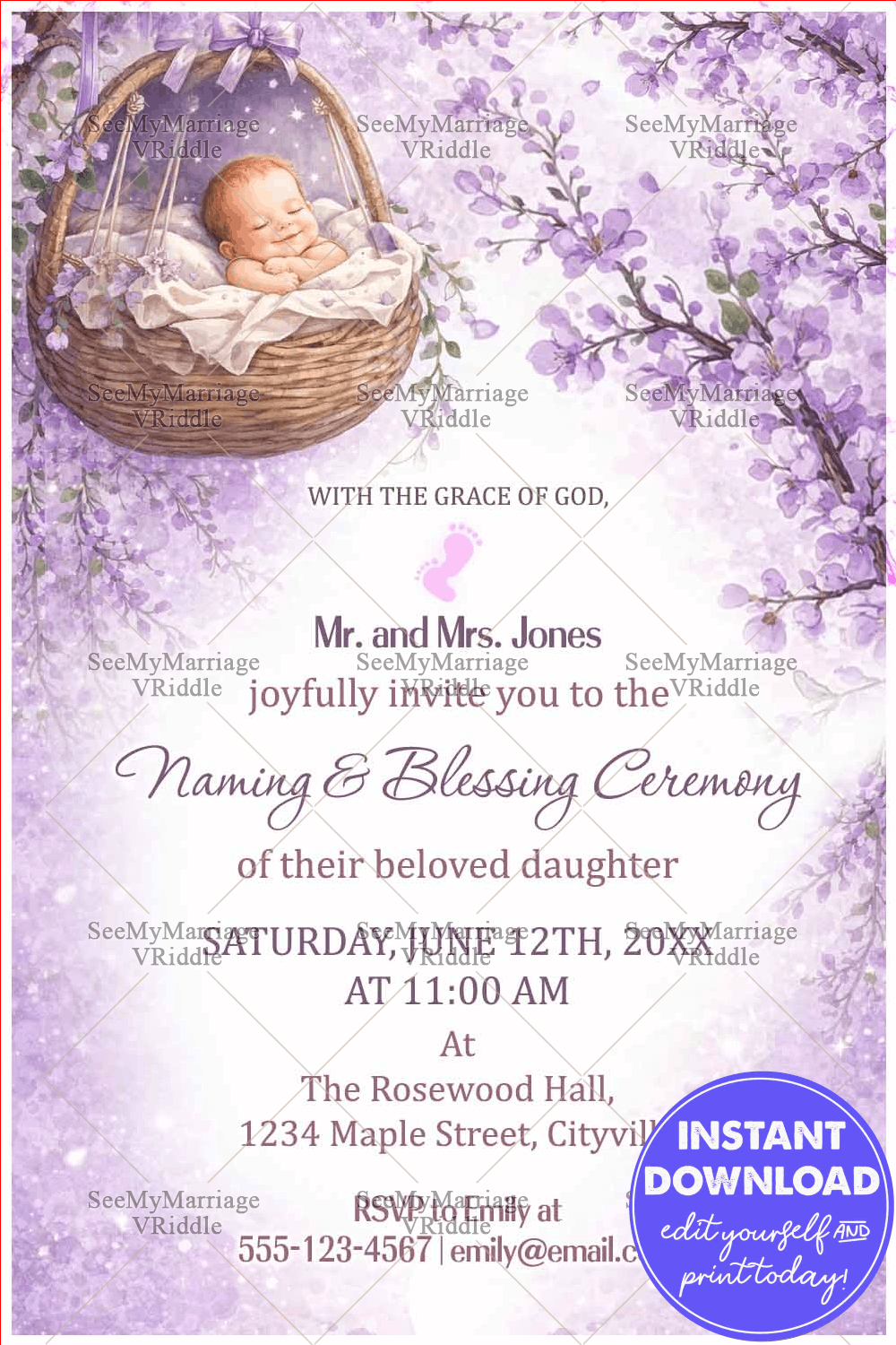 Lavender Christian Baby Naming & Blessing Ceremony Pastel Glow Invitation Card with Sleeping Baby Basket, Blossom Branches