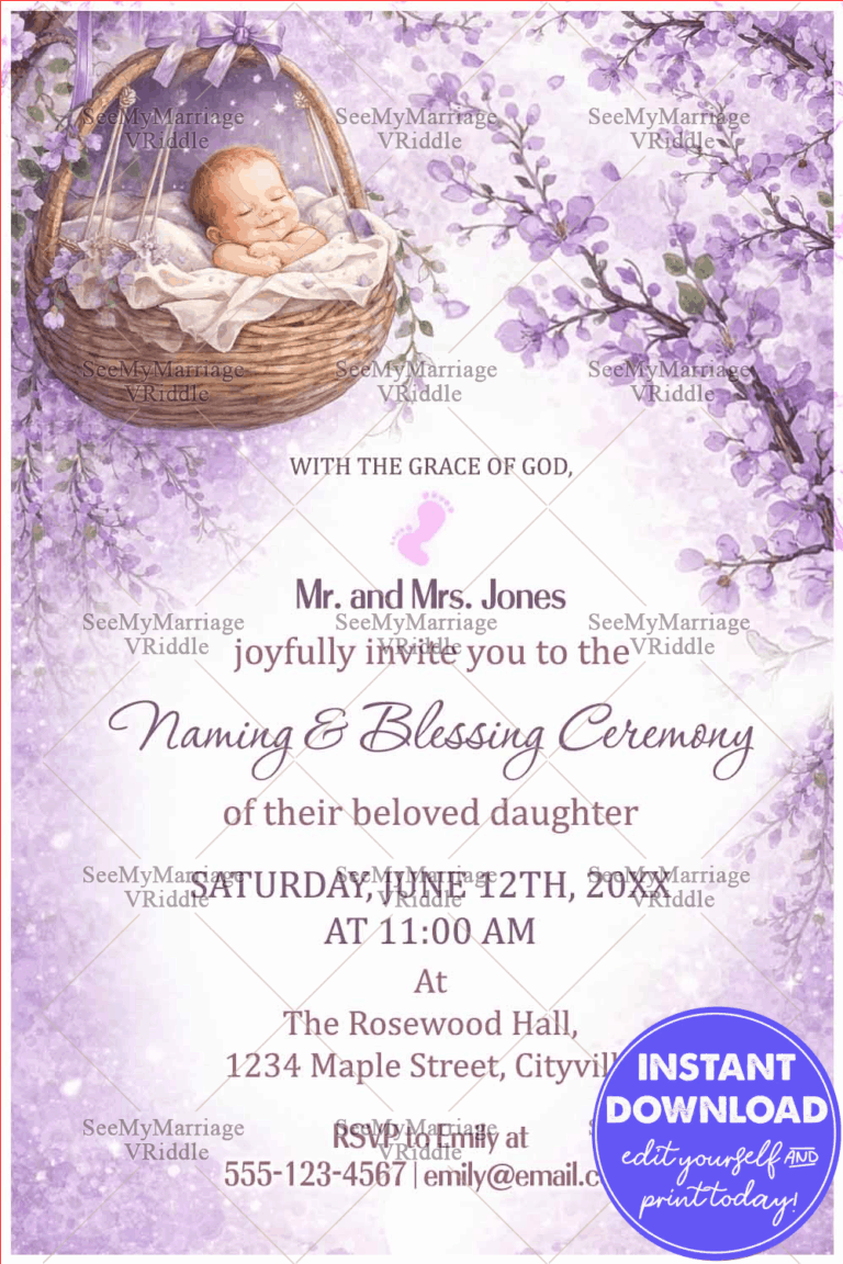 Lavender Christian Baby Naming & Blessing Ceremony Pastel Glow Invitation Card with Sleeping Baby Basket, Blossom Branches