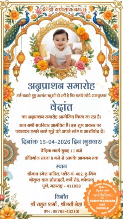 Little Bite Hindi First Rice Ceremony Invitation Video with Add Photo, Golden Temple Arch Border, Floral Marigold Decorations and Peacock Motifs