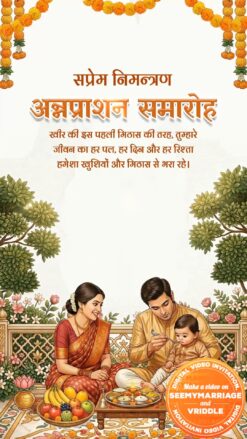 Little Ones Hindi First Rice Annaprashan Samaroh Invitation Video and Family Seating with Baby Feeding Illustration