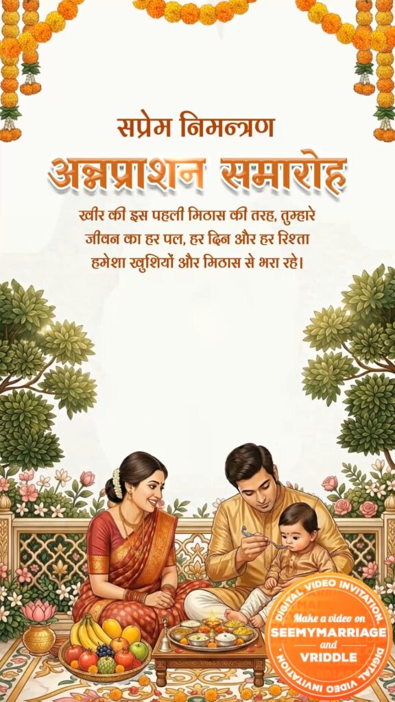 Little Ones Hindi First Rice Annaprashan Samaroh Invitation Video and Family Seating with Baby Feeding Illustration