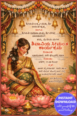 Lotus Flowers Kannada Seemantha, Baby Shower Invitation with, Golden Bells Decor & Radiant Mother-to-Be Illustration