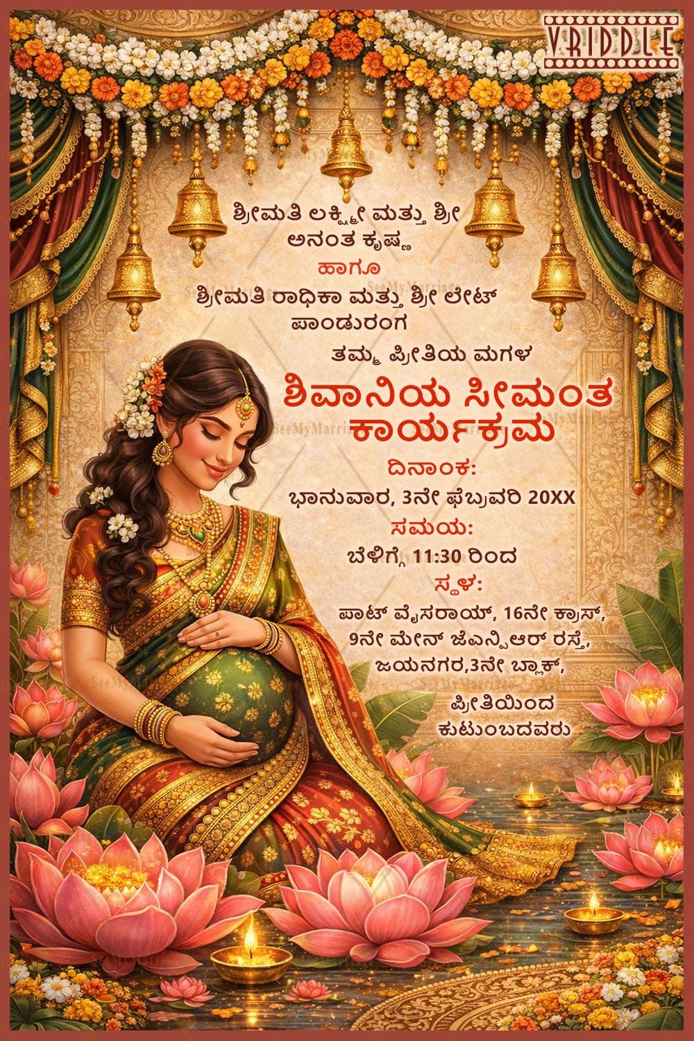 Lotus Flowers Kannada Seemantha, Baby Shower Invitation with, Golden Bells Decor & Radiant Mother-to-Be Illustration