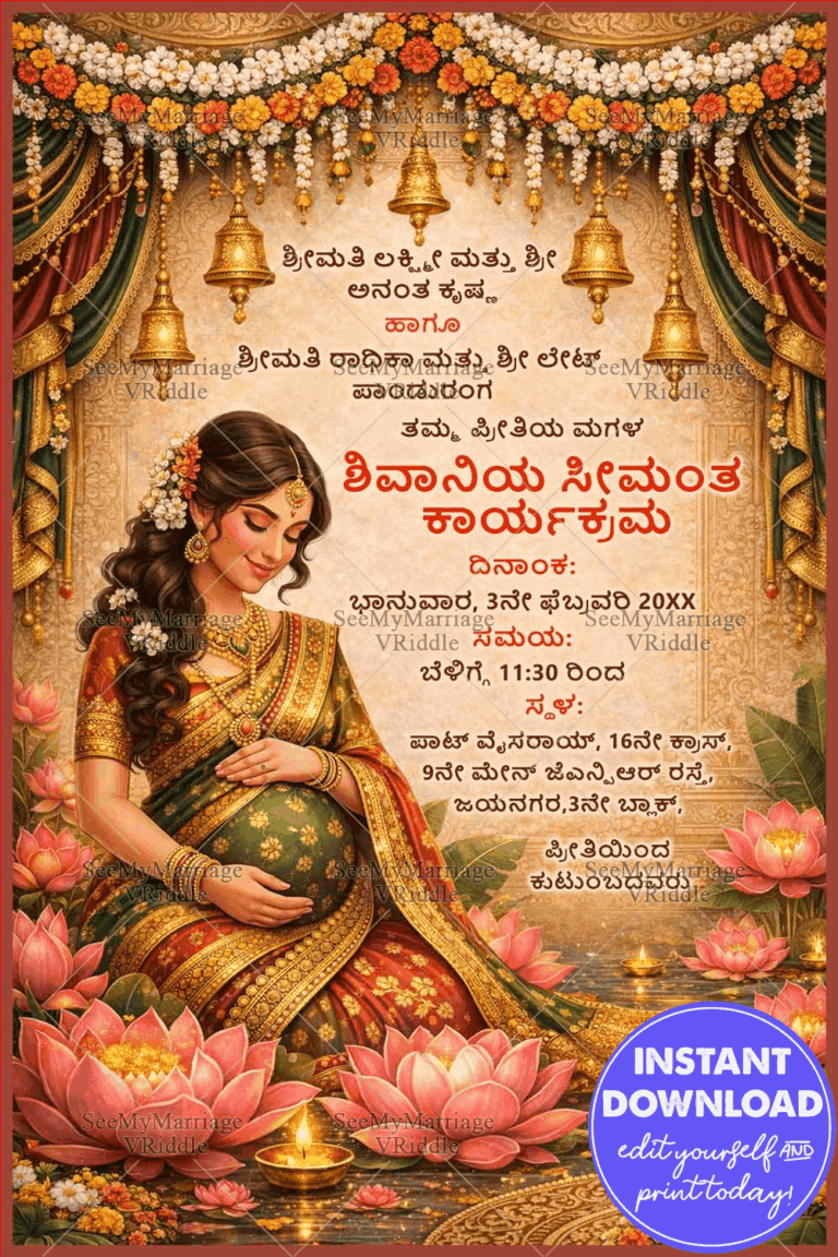 Lotus Flowers Kannada Seemantha, Baby Shower Invitation with, Golden Bells Decor & Radiant Mother-to-Be Illustration