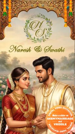 Lotus Pond Caricature Minimal Wedding Invitation Video with South Indian Couple and Temple Gopuram Backdrop