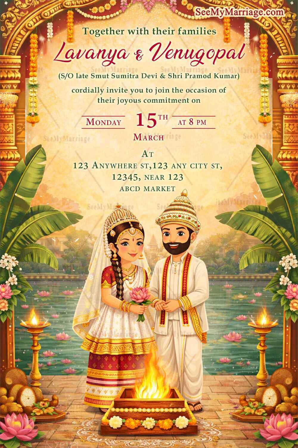 Lotus Pond Traditional Manipuri Wedding Invitation with Temple Arch, Banana Leaves & Couple Illustration