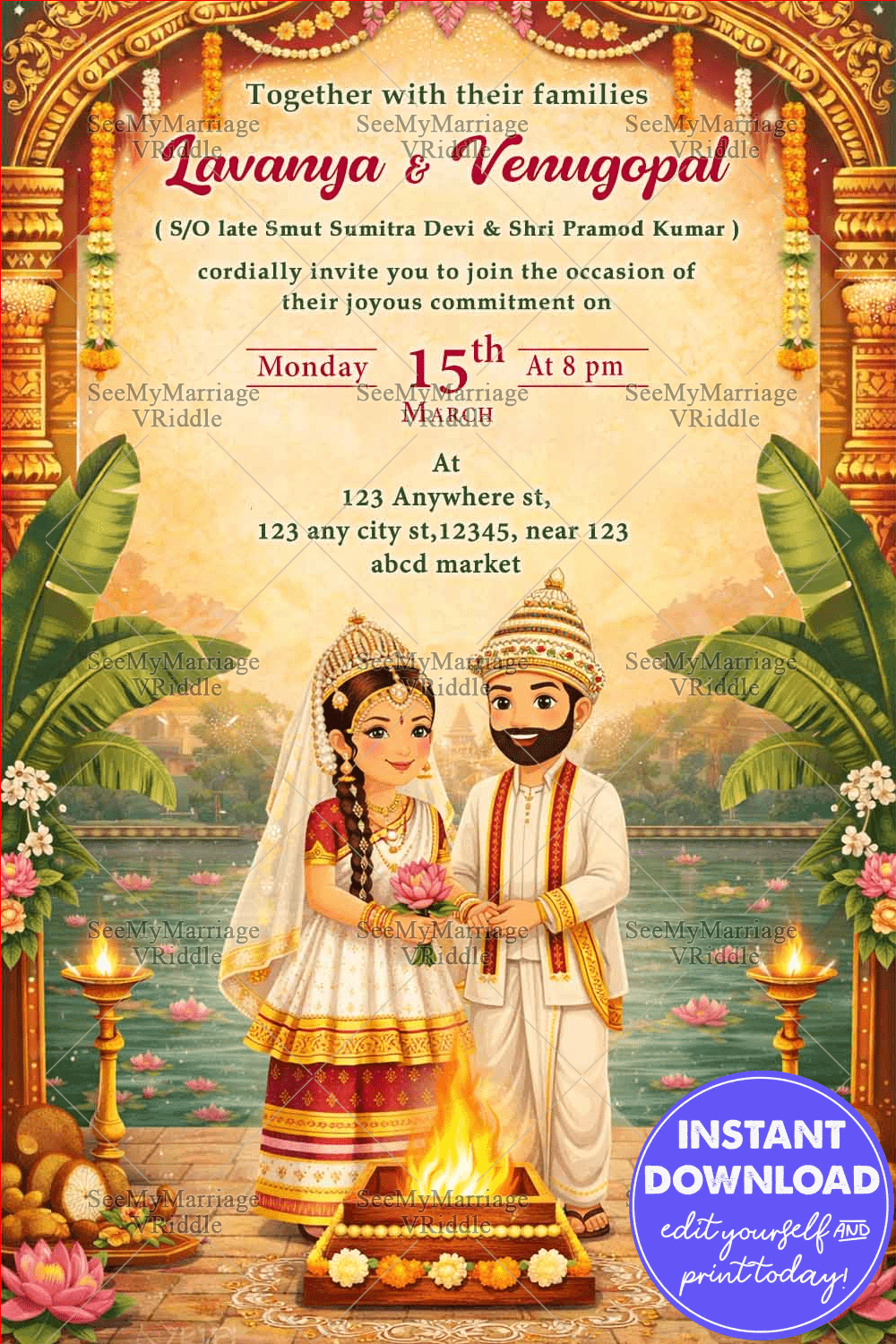 Lotus Pond Traditional Manipuri Wedding Invitation with Temple Arch, Banana Leaves & Couple Illustration