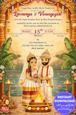 Lotus Pond Traditional Manipuri Wedding Invitation with Temple Arch, Banana Leaves & Couple Illustration