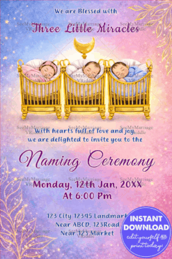 Magical Triplets Naming Ceremony Invitation with Golden Cradles, Pastel Dreamy Background