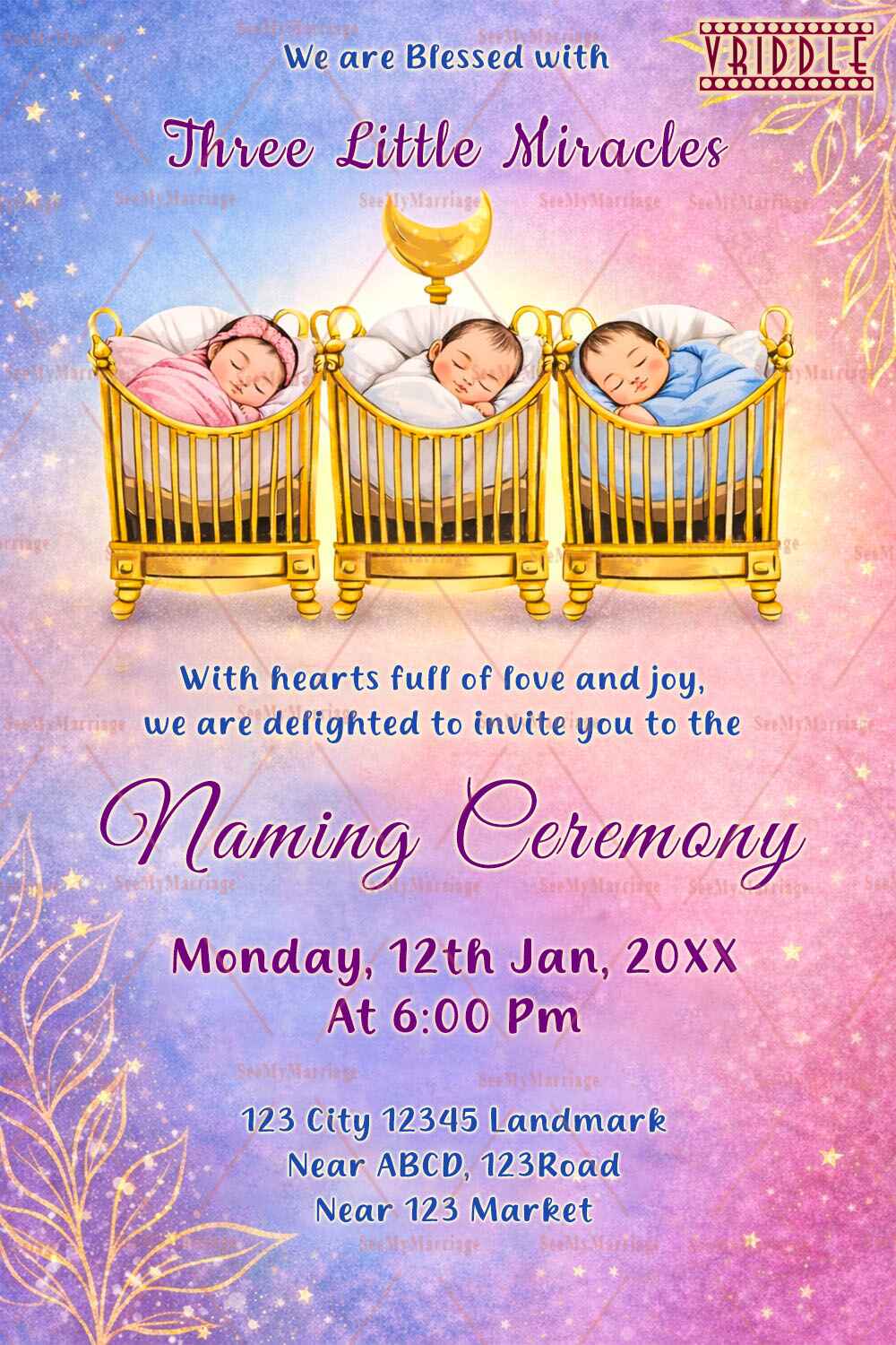Magical Triplets Naming Ceremony Invitation with Golden Cradles, Pastel Dreamy Background