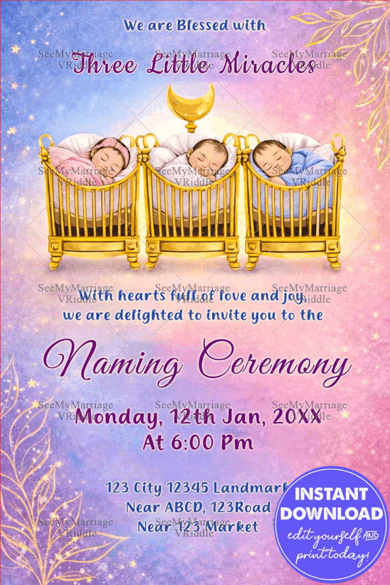 Magical Triplets Naming Ceremony Invitation with Golden Cradles, Pastel Dreamy Background