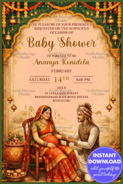 Marigold Garlands Rajasthani Baby Shower Invitation with Palace Arch & Traditional Couple Illustration