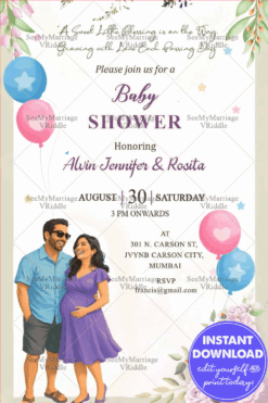 Modern Baby Shower Invitation Card with Floral Corner Roses, Pastel Balloons, Cute Expecting Couple Illustration and Soft Watercolor Garden Theme
